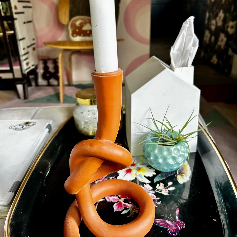 Terracotta clay sculptural candlestick approx 9 inches tall good condition